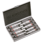 Facom Micro-Tech 8-piece screwdriver set with slotted, Phillips, and Pozidriv heads in a protective case.