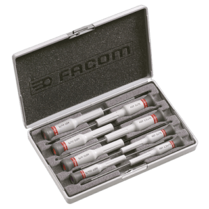 Facom Micro-Tech 8-piece screwdriver set with slotted, Phillips, and Pozidriv heads in a protective case.