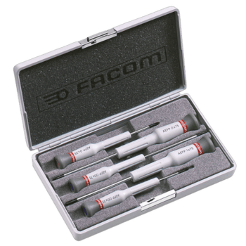 Facom Micro-Tech 5-piece screwdriver set with Phillips heads in a compact case for precision work.