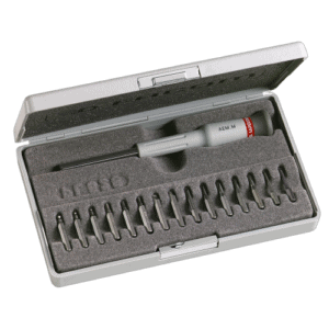 Facom Micro-Tech 16-tool set with screwdriver and bits in a compact case for precision work.