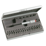 Facom Micro-Tech 26-tool set with socket holder, bits, and sockets in a protective case for precision work.