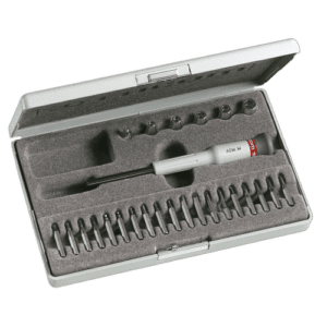 Facom Micro-Tech 26-tool set with socket holder, bits, and sockets in a protective case for precision work.