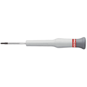 Facom AEX Micro-Tech screwdriver for Torx screws with a white handle and slim metal shaft on a black background.