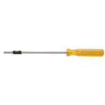 Facom screw holder screwdriver for slotted-head screws with yellow handle and metal shaft on black background.