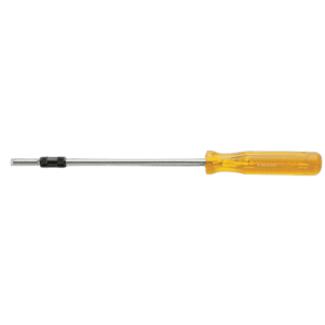 Facom screw holder screwdriver for slotted-head screws with yellow handle and metal shaft on black background.