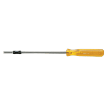 Facom screw holder screwdriver for slotted-head screws with yellow handle and metal shaft on black background.