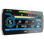 High-tech racing dashboard display showing gear, lap time, water temperature, and GPS status at a Grand Prix event.