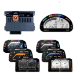 Collection of high-tech racing car dashboard displays and a control module, showcasing digital gauges, speedometers, and telemetry data for motorsport performance.