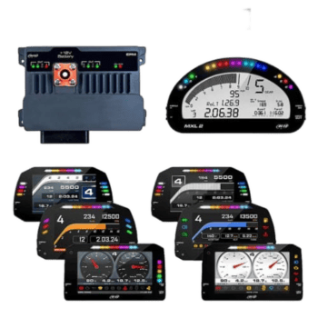 Collection of high-tech racing car dashboard displays and a control module, showcasing digital gauges, speedometers, and telemetry data for motorsport performance.