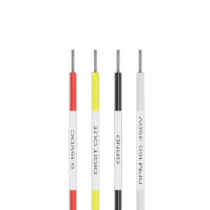 Close-up of four electrical wires with different coloured insulation and labels, used in Grand Prix Racewear for high-performance racing applications.