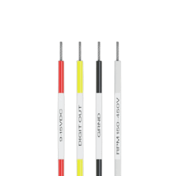 Close-up of four electrical wires with different coloured insulation and labels, used in Grand Prix Racewear for high-performance racing applications.