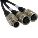 Close-up of three black and silver XLR audio cables with circular connectors on a black background.