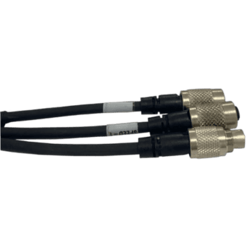 Close-up of high-quality audio or video cables with metal connectors, suitable for professional racing or broadcasting equipment.