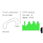 Race track GPS monitoring screen showing track selection, GPS status, satellite count, and signal quality with green signal bars.