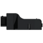Close-up of a black racing helmet communication device for Grand Prix racewear, designed for professional motorsport safety and communication.