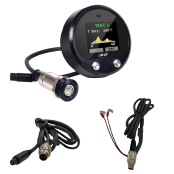 Digital race car temperature gauge with display and sensors for motorsport use.