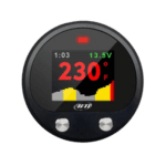 Digital racing telemetry device displaying temperature, voltage, and time for motorsport applications.