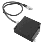 Black electronic sensor with cable and connector, used in Grand Prix racewear for racing data monitoring.