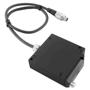 Black electronic sensor with cable and connector, used in Grand Prix racewear for racing data monitoring.