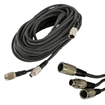 High-quality black cable with multiple connectors for AiM reversing mirror camera patch cables, suitable for motorsport telemetry systems.