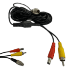 A black audio/video extension cable with red and yellow RCA connectors and a 3.5mm jack, used for connecting audio and video devices.