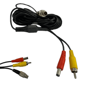 A black audio/video extension cable with red and yellow RCA connectors and a 3.5mm jack, used for connecting audio and video devices.