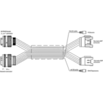 Diagram of a multi-connector cable with various ports and wiring details, used in electronic or racing equipment setups.