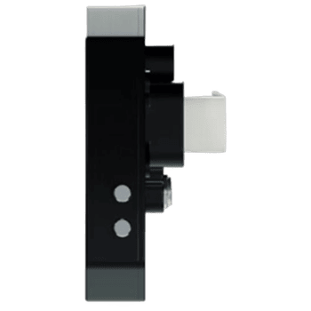 Close-up of a black and silver racing helmet lock mechanism for Grand Prix Racewear.