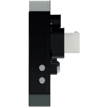 Close-up of a black and silver racing car switch with control buttons, used in Grand Prix racewear for professional motorsport safety.