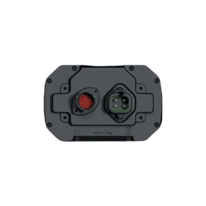 Close-up of a racing car electrical connector with red and black components on a black background.