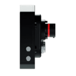 Close-up of a professional racing camera used in Grand Prix events, featuring a black body and red accents, designed for high-speed motorsport filming.