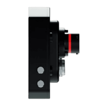 Close-up of a professional racing camera used in Grand Prix events, featuring a black body and red accents, designed for high-speed motorsport filming.