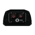 Close-up of a mirror camera system used in Grand Prix racewear, featuring dual lenses and a central sensor for enhanced driver visibility and safety.