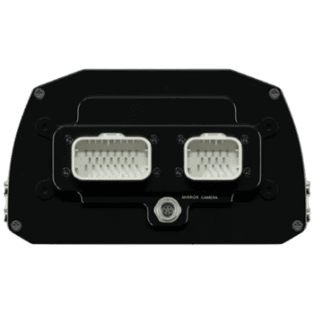 Close-up of a professional racing car dashboard display with multiple connectors and a mirror camera.
