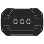 Close-up of a professional racing car data logger with three circular connectors on a black background.