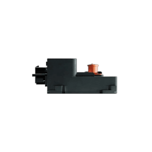Black Grand Prix Racewear racing helmet communication device with orange button for motorsport safety and communication.