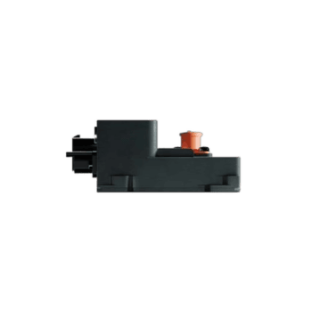 Black Grand Prix Racewear racing helmet communication device with orange button for motorsport safety and communication.