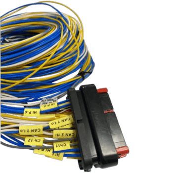 Close-up of a bundle of multicoloured wires with a black connector, used in racing car electronics and telemetry systems.