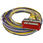 Automotive wiring harness with multicoloured wires and a red connector for Grand Prix Racewear.