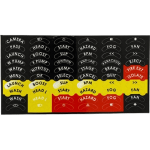 Car dashboard control panel with various buttons for ignition, hazard, fog, and other functions, featuring clear labels and colour coding.