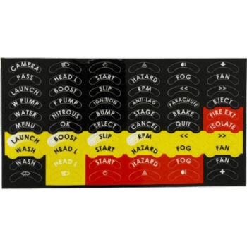 Car dashboard control panel with various buttons for ignition, hazard, fog, and other functions, featuring clear labels and colour coding.