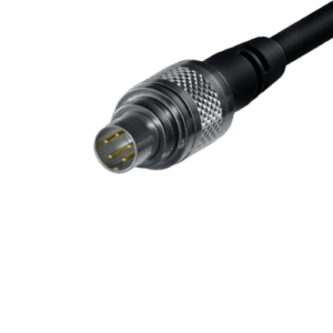 Close-up of a professional audio XLR connector with a black cable, used for high-quality sound recording and broadcasting.