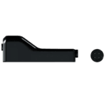 Close-up of a black racing helmet communication device with a round microphone component, designed for Grand Prix racewear.