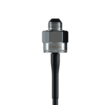 Close-up of a pressure sensor with a metallic body and black cable, used in racing car telemetry systems.