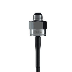 Close-up of a pressure sensor with a metallic body and black cable, used in racing car telemetry systems.
