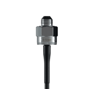 Close-up of a pressure sensor with a black cable, used in racing car telemetry systems.