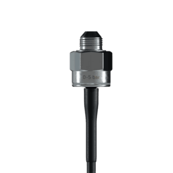 Close-up of a pressure sensor with a black cable, used in racing car telemetry systems.