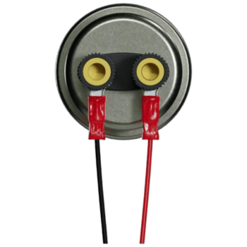 Close-up of a pressure sensor with two yellow connectors and red and black wires, used in automotive or industrial applications.