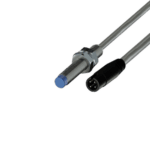 Close-up of a sensor with a blue tip and a black connector, used in motorsport safety equipment.
