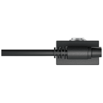 Close-up of a black electrical sensor with a long cable, used in racing car telemetry systems.